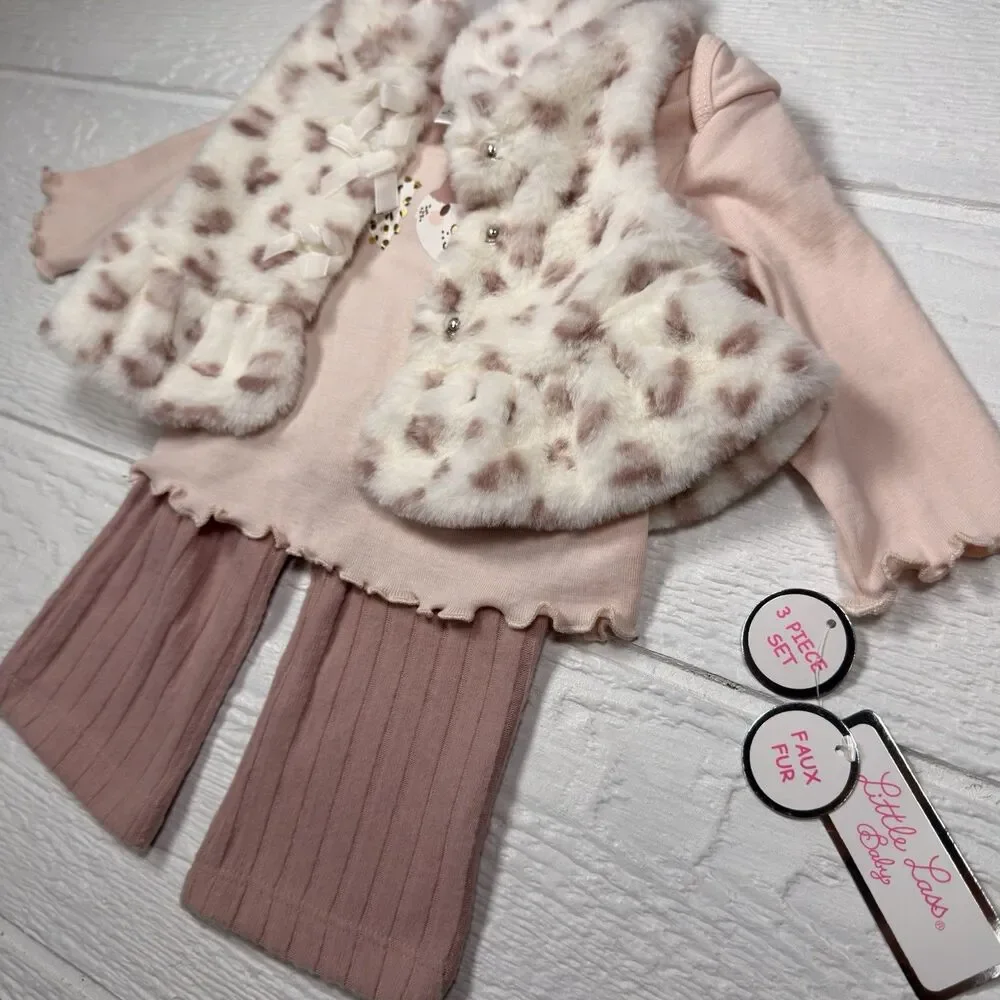 Little Lass Baby Girl 3-Piece Faux Fur Vest Outfit Pink Cheetah 0–3M NWT